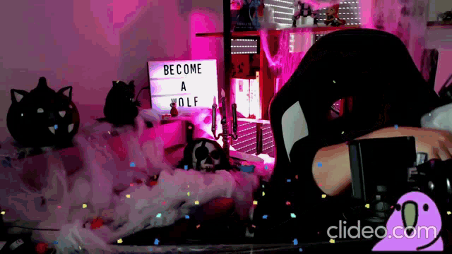 a sign that says " become a wolf " sits on a table
