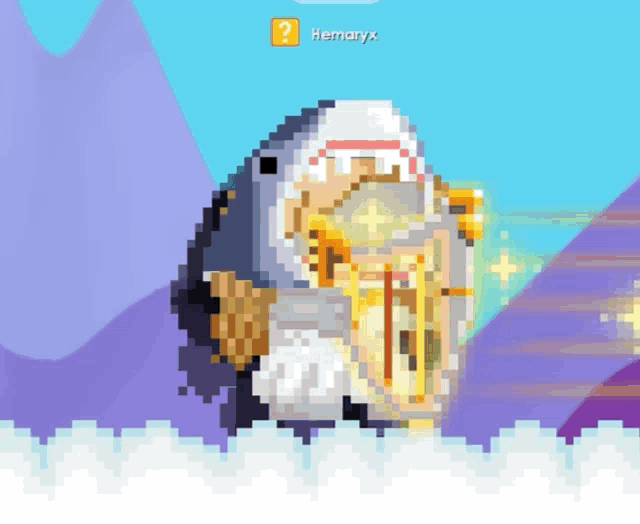 a pixel art of a shark with the name hemaryx at the bottom