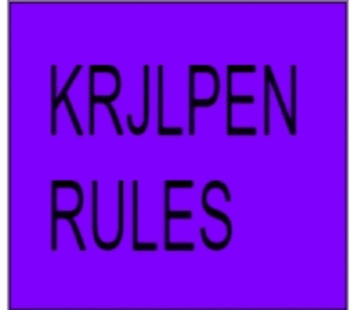 a purple sign says krjlpen rules in black letters