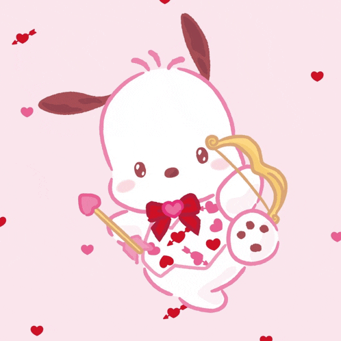 a cartoon drawing of a dog holding a bow and arrow on a pink background