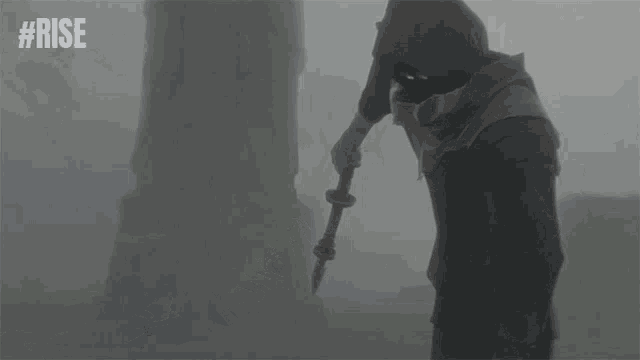 a person holding a sword in the fog with #rise written on the bottom right