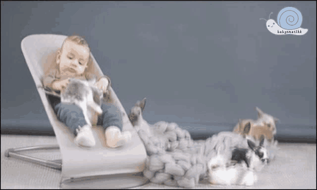 a baby is sitting in a bouncer next to a picture of a bottle of baby wash
