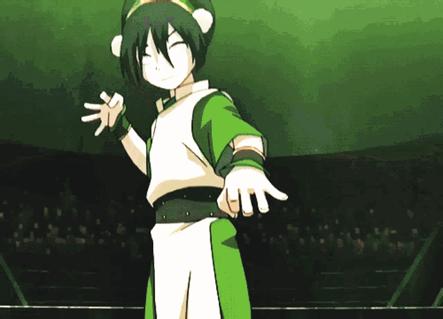 a cartoon character in a green and white outfit