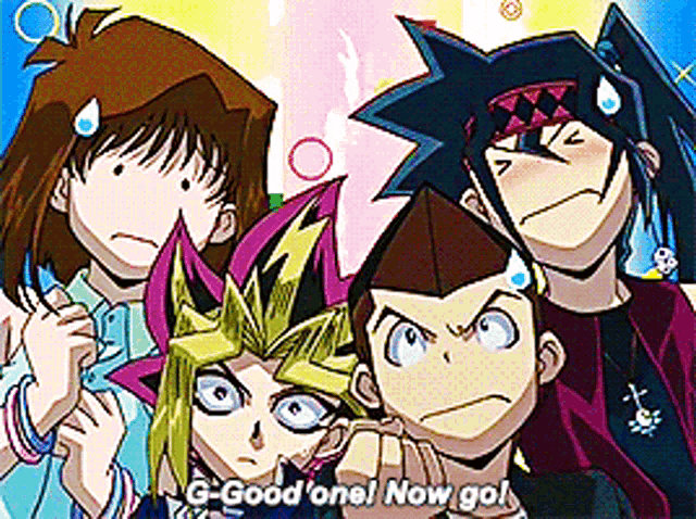 a group of anime characters are posing for a picture and one of them says g-good one now go