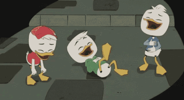 three cartoon ducks are laughing and one has a hat on