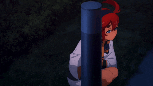 a girl with red hair is peeking out from behind a blue post