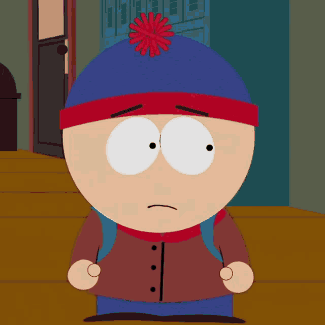 a cartoon character with a red flower on his hat says shit