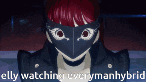 a cartoon of a woman wearing a mask with the words elly watching everymanhybrid at the bottom