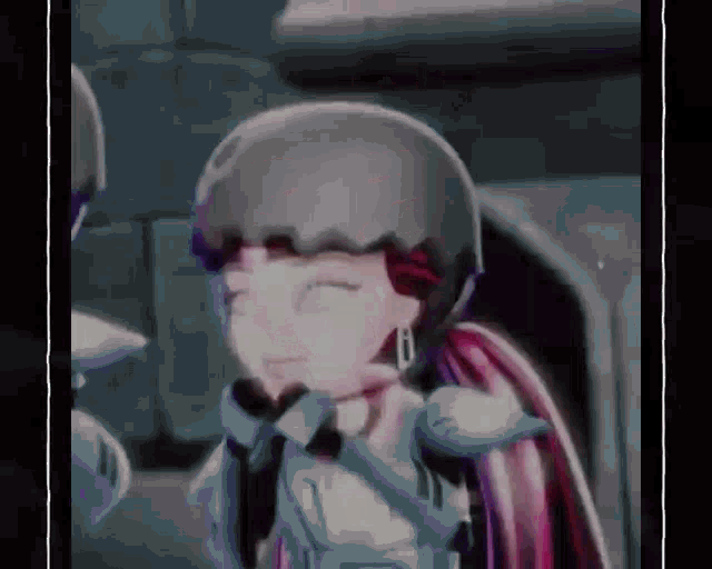 a cartoon character is wearing a helmet and smiling with her eyes closed .