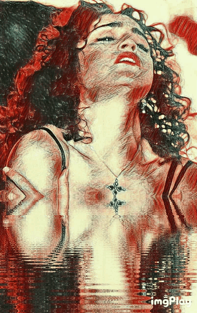 a drawing of a woman with her eyes closed and a cross necklace