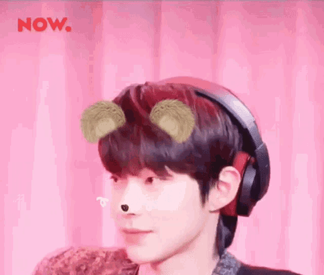 a young man wearing headphones and a teddy bear face mask is standing in front of a pink curtain .