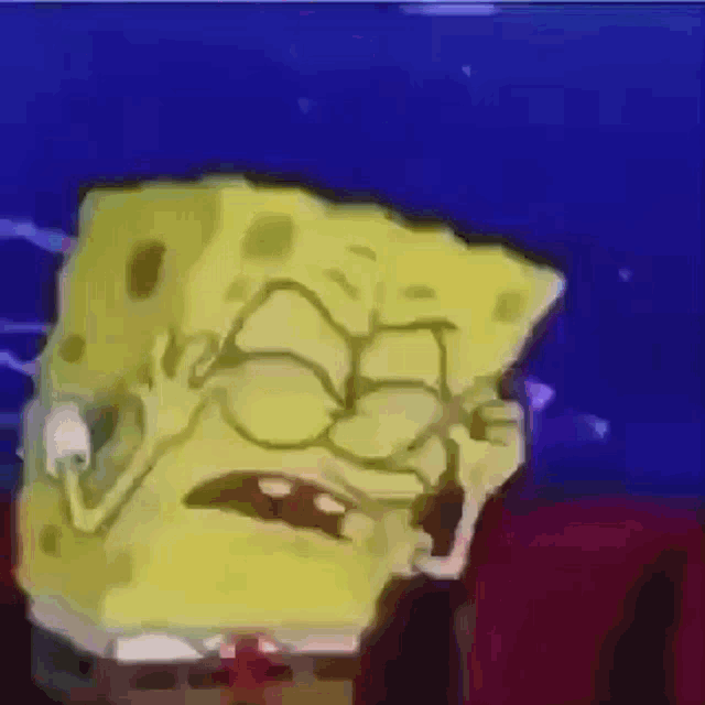 a cartoon of spongebob squarepants covering his eyes with his hands and a blue background .