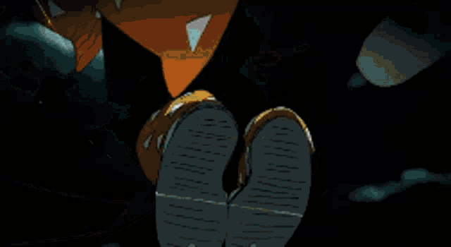 a pixel art of a man in a yellow jacket holding a sword in a dark room .