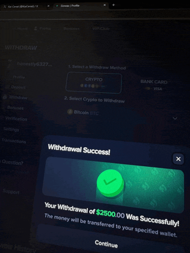 a computer screen shows a successful withdrawal of $ 2500.00