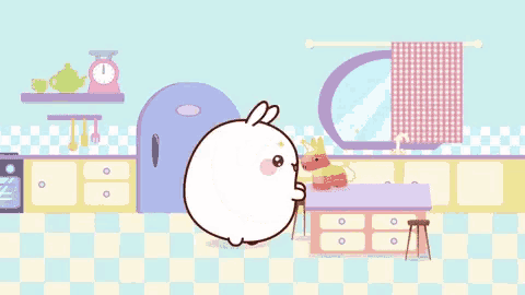 a cartoon rabbit is sitting on a table in a kitchen with a stuffed animal .
