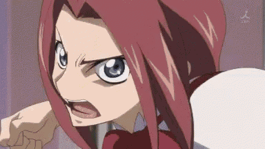 a cartoon girl with red hair and blue eyes is making a funny face