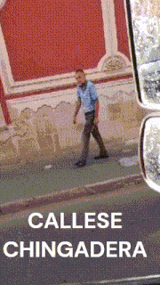 a man walking down a sidewalk with the words callese chingadera on the bottom right