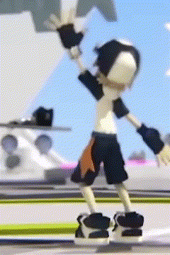 a cartoon character is standing on a skateboard with his arms in the air .
