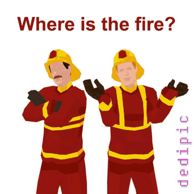 two firefighters standing next to each other with the question where is the fire written above them