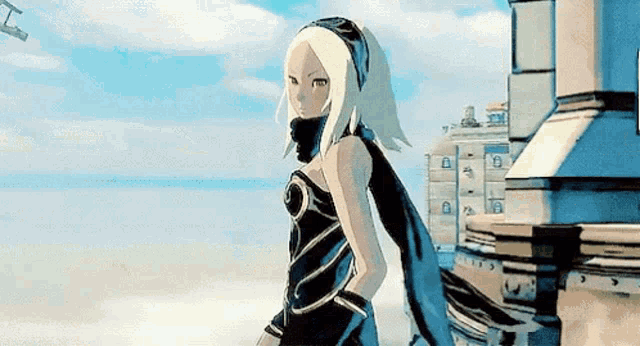a cartoon girl with blonde hair and a scarf around her neck is standing on top of a building .