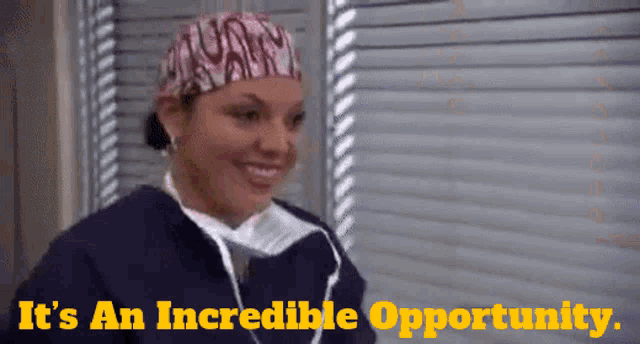 a woman in scrubs and a pink hat with the words it 's an incredible opportunity behind her