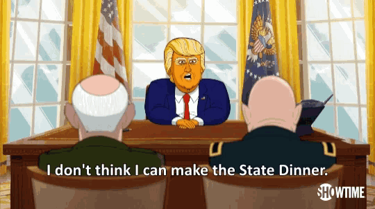 a cartoon of donald trump sitting at a desk with showtime written on the bottom of the screen