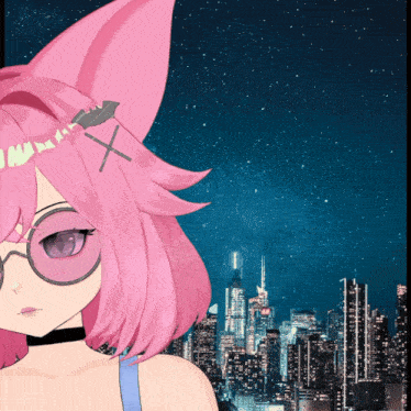 a girl with pink hair and glasses is standing in front of a city