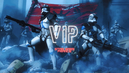 a group of star wars soldiers are standing in front of a sign that says vip