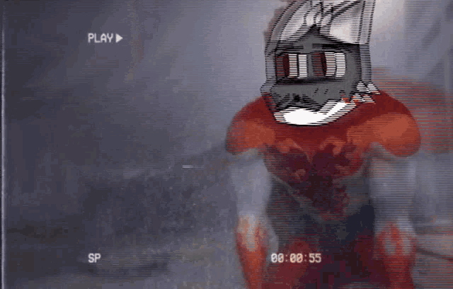 a cartoon of a man in a superhero costume with a play button in the background