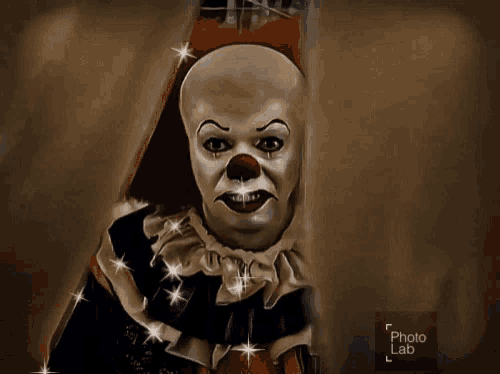 a painting of a scary clown is displayed on a photo lab page