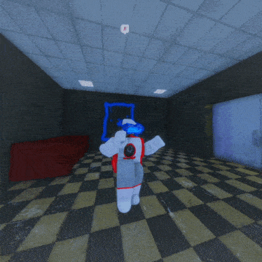 a robot wearing a virtual reality headset in a room with a checkered floor