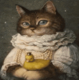 a painting of a cat wearing a white dress and holding a yellow rubber duck .