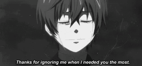 a black and white drawing of a boy crying with the words " thanks for ignoring me when i needed you the most "