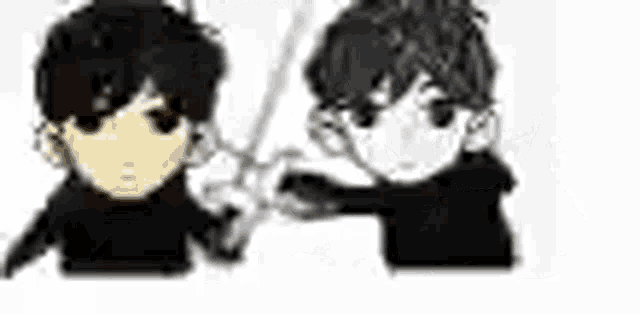 a black and white drawing of two people holding swords .
