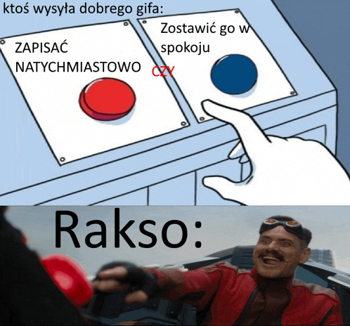 a cartoon of a hand pressing a red button next to a blue button with rakso written on the bottom