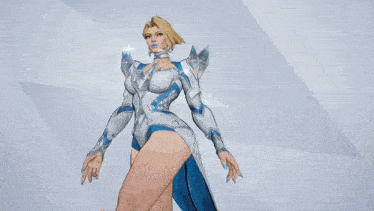 a woman in a white and blue outfit is standing in front of a blue background that says emm