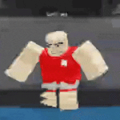 a roblox character with a red shirt and white arms is standing on a blue surface .