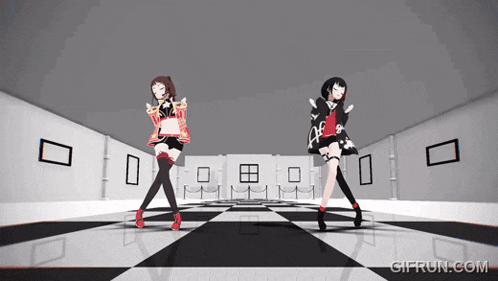 a gif from gifrun.com shows two anime girls dancing in a room