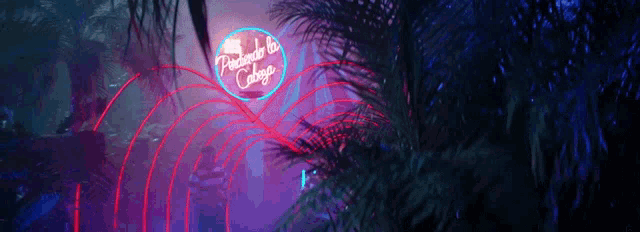 a neon sign in the middle of a forest with palm trees in the background .
