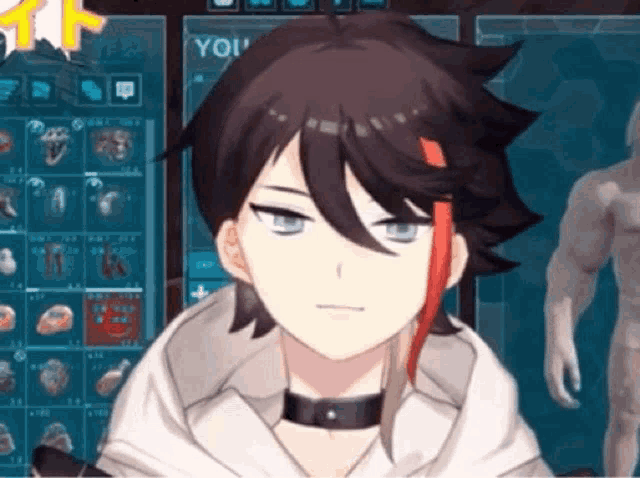 a person with a choker around their neck is in front of a screen that says ' you ' on it
