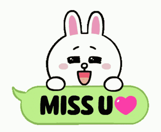 a cartoon rabbit is holding a green speech bubble that says miss u