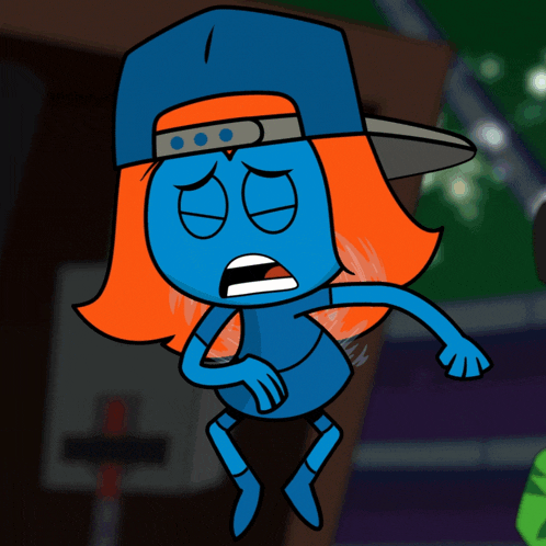 a cartoon character wearing a blue hat and orange hair looks tired