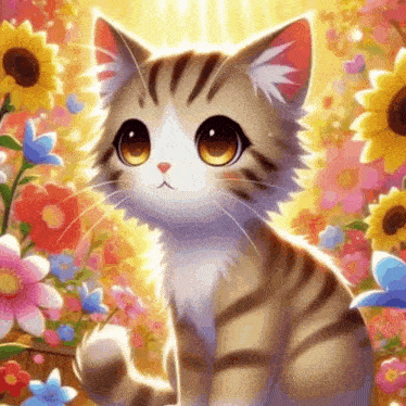 a cat is sitting in a field of flowers .