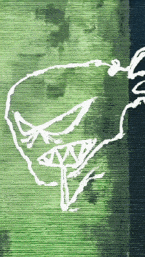 a drawing of a face with sharp teeth on a green and blue background