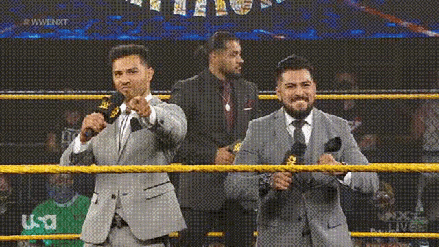 two men in suits and ties are standing in a wrestling ring .