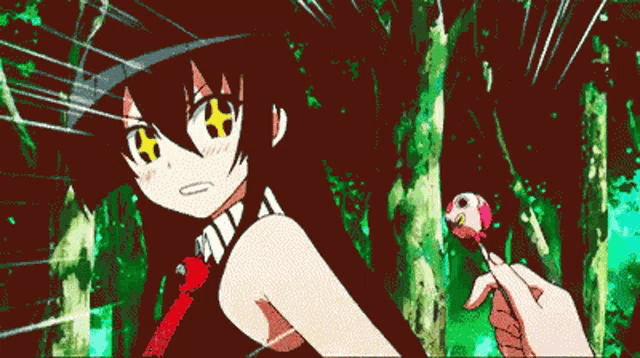 a person is holding a lollipop in front of a girl with a star in her eyes