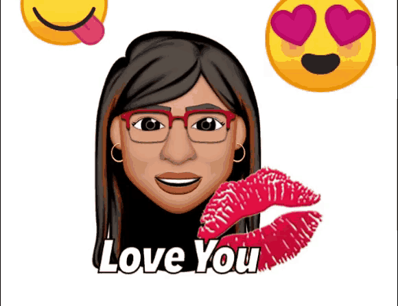 a woman with glasses and red lips is surrounded by emojis and the words love you
