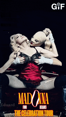 a poster for madonna 's four decades the celebration tour shows a man with his fist in the air