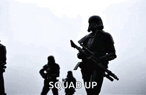 a group of soldiers standing next to each other with the words `` squad up '' written on the bottom of the image .