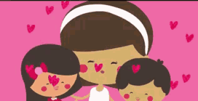 a cartoon drawing of a woman holding two children with a pink background and the word love in a foreign language
